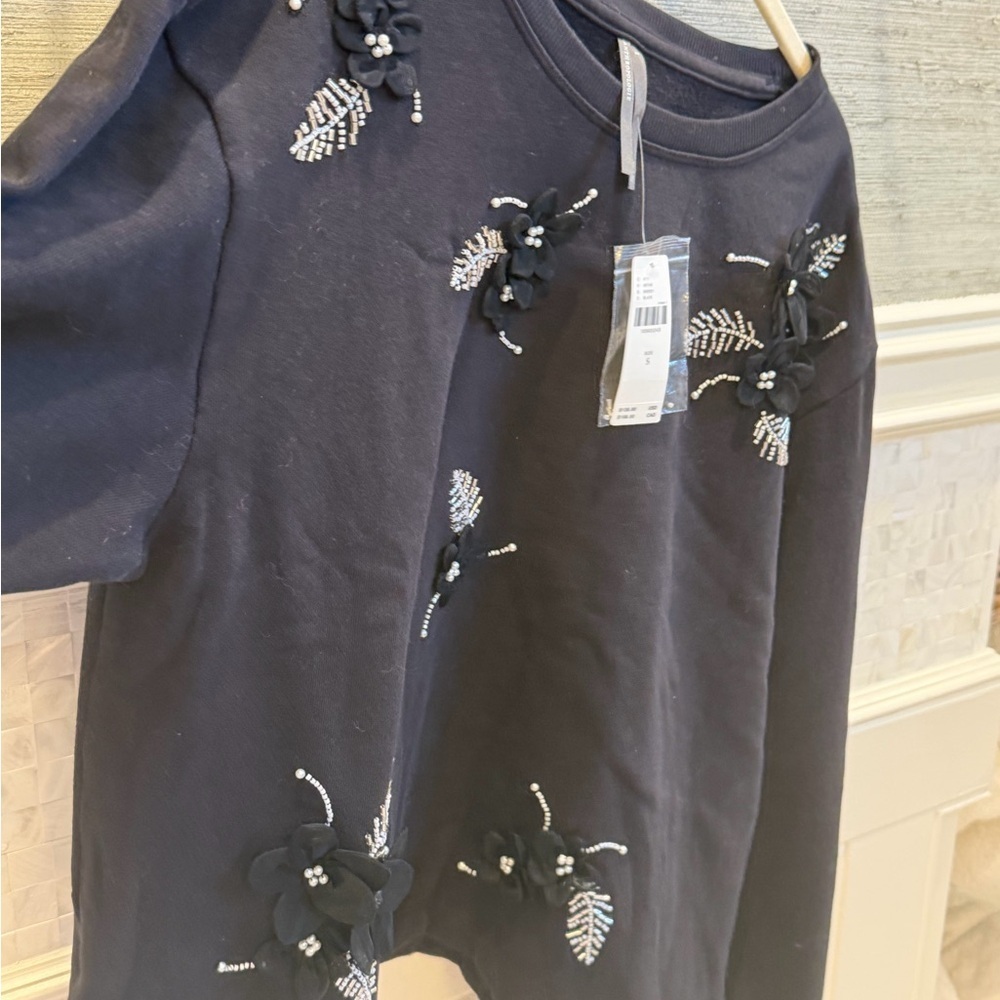 NWT new small Anthropologie Black Embellished Crew-Neck Sweatshirt beaded - Picture 9 of 17
